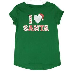 I Love Santa Tshirt Girls Sz S Green Silver Glitter‎ Christmas Festive Holiday